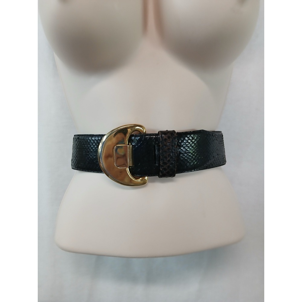 Jana Vintage Black Genuine Snake Skin Belt Gold Crescent Buckle Wide Size M